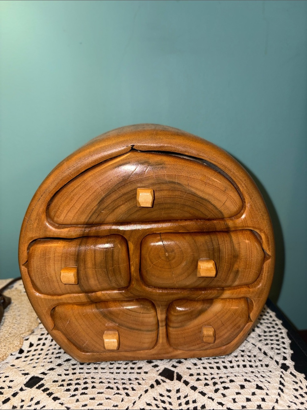 Vintage Handcrafted Wooden Round Jewelry Box